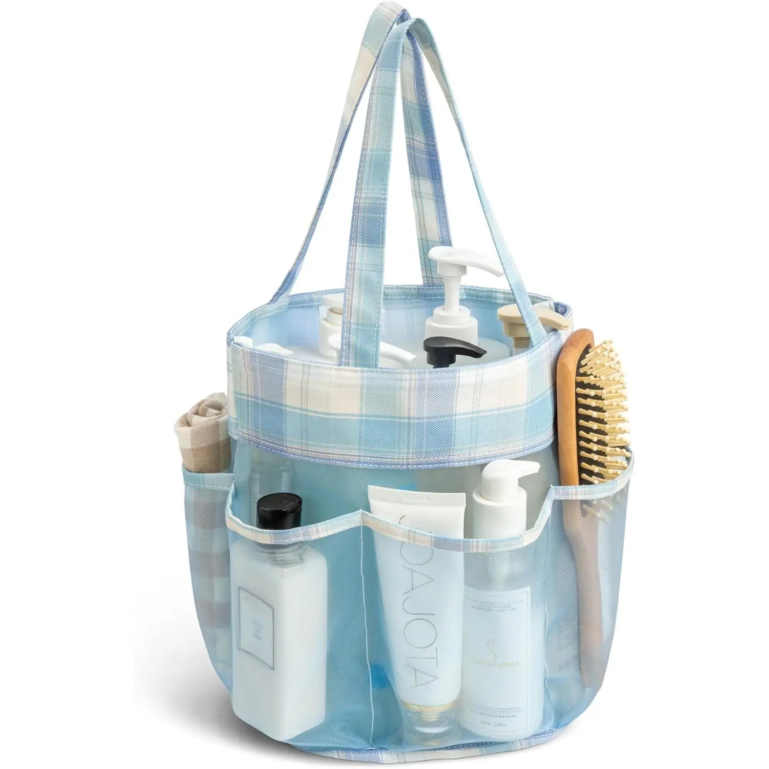 Mesh Shower Caddy Portable, Bathroom Caddy Organizer for College Dorm Essentials, Hanging Shower Tote Bag with 7 Pockets for Beach, Swimming, Gym camping Blue Checkered