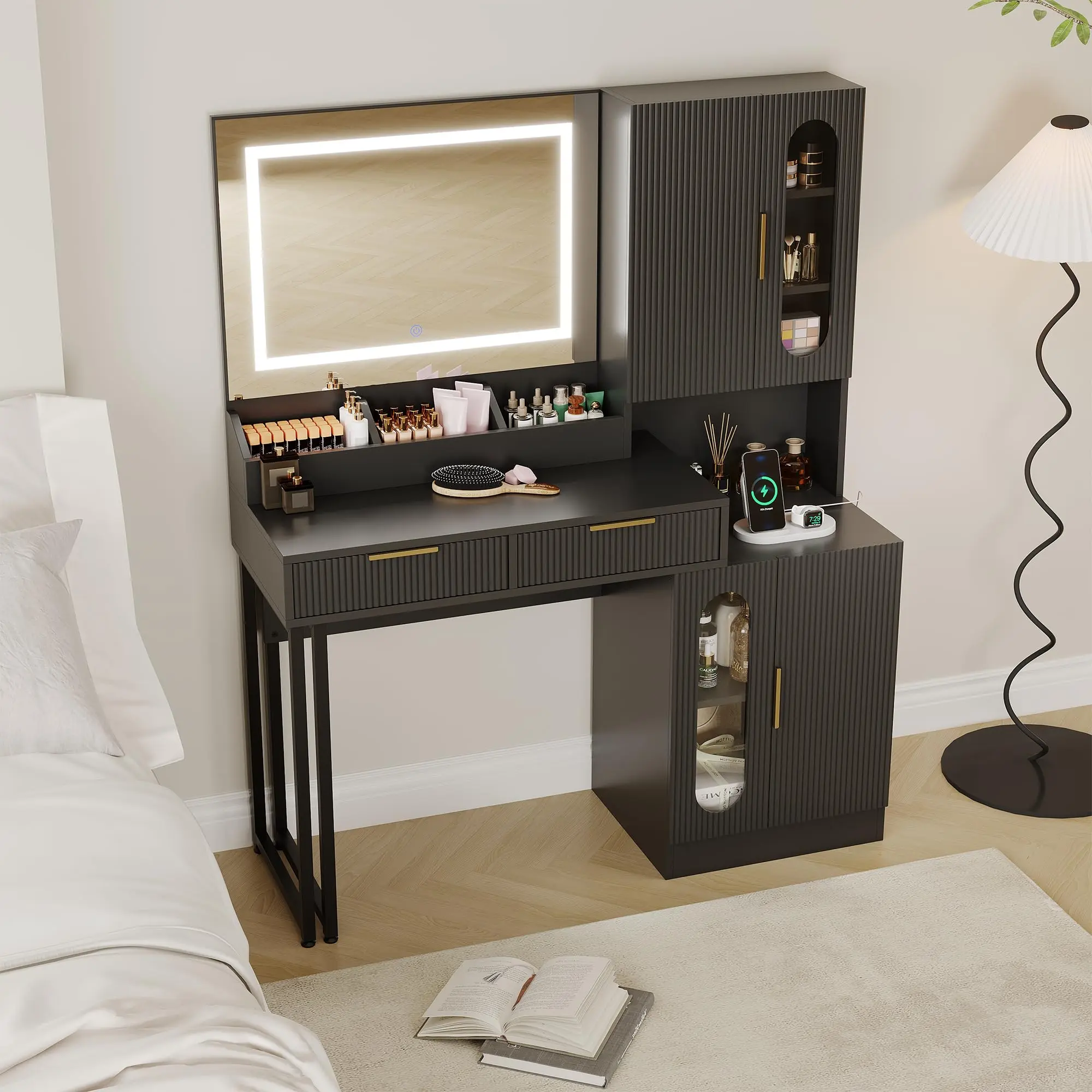 Garvee 45 in Makeup Vanity Desk with Mirror and Lights, Modern Fluted Black Vanity Table with Drawers, Cabinets & Charging Station, Wooden Dressing Table for Bedroom Dorm