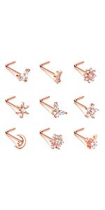 FUNRUN 9Pcs Nose Rings Studs with CZ Snowflake Star Top Surgical Steel L-Shaped Triple Linear Gem Ball Round Diamond Cork Skew Nose Piercing Jewelry