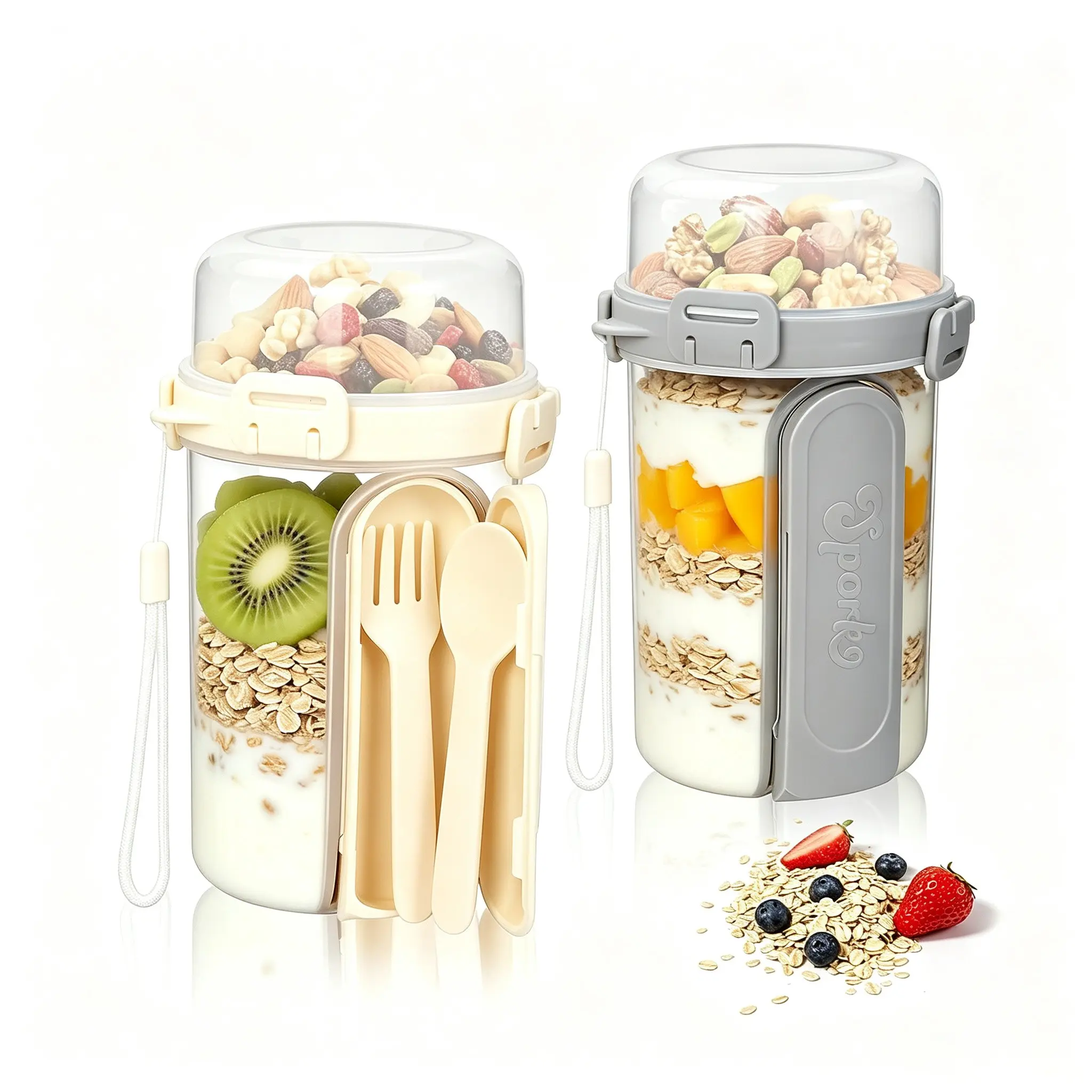 2Pack Overnight Oats Containers with Lids, Portable Dual-Layer Yogurt Cups with Dry and Wet Separation, Airtight Overnight Oats Jars with Spoon & Fork for To Go Breakfast Cereal Nut Fruit