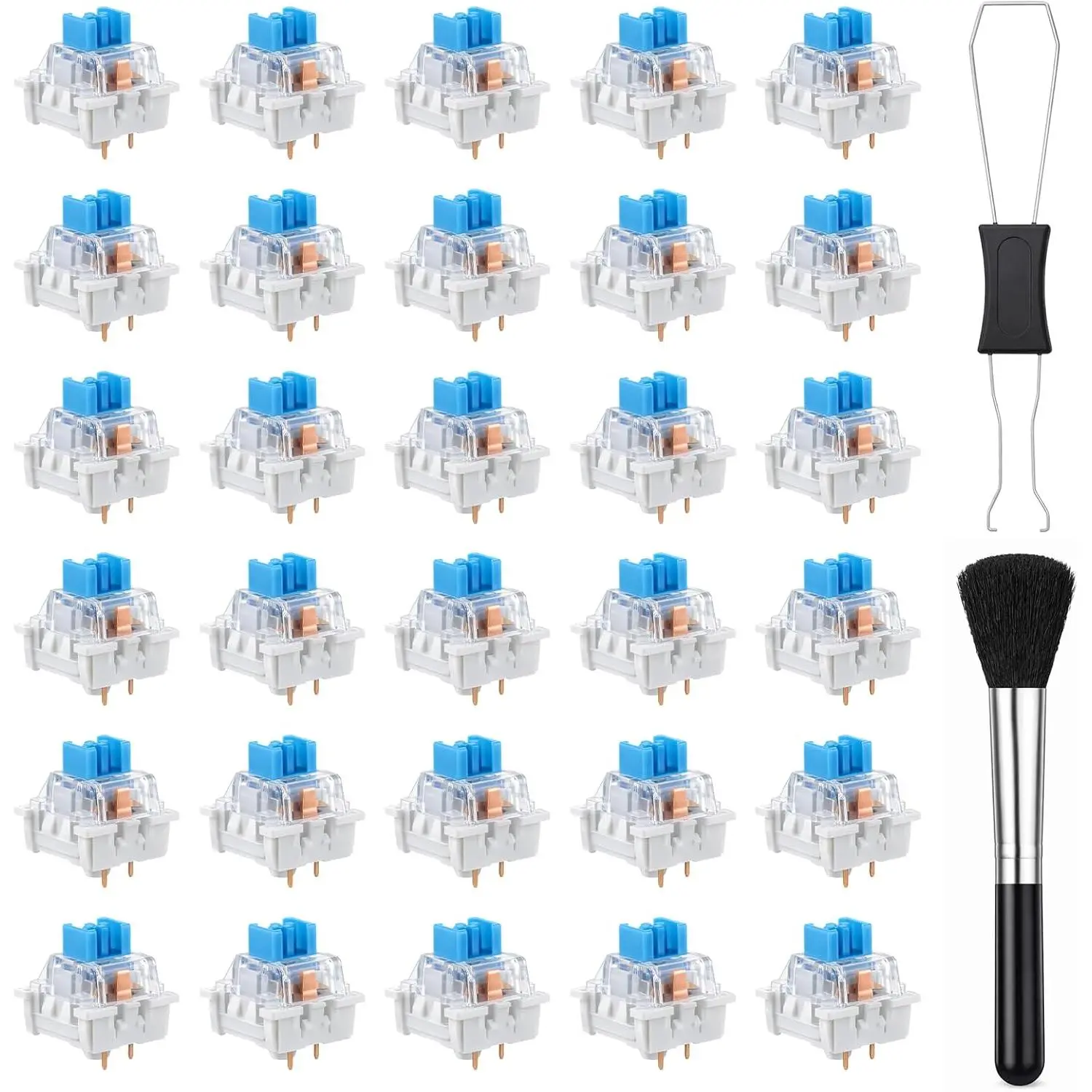 32 count Blue Mechanical Keyboard Switches 3 Pin Clicky Keyboard Switches  Key switches DIY  Kit with  Puller and Brush for Gamers Gaming Keyboards  Accessories