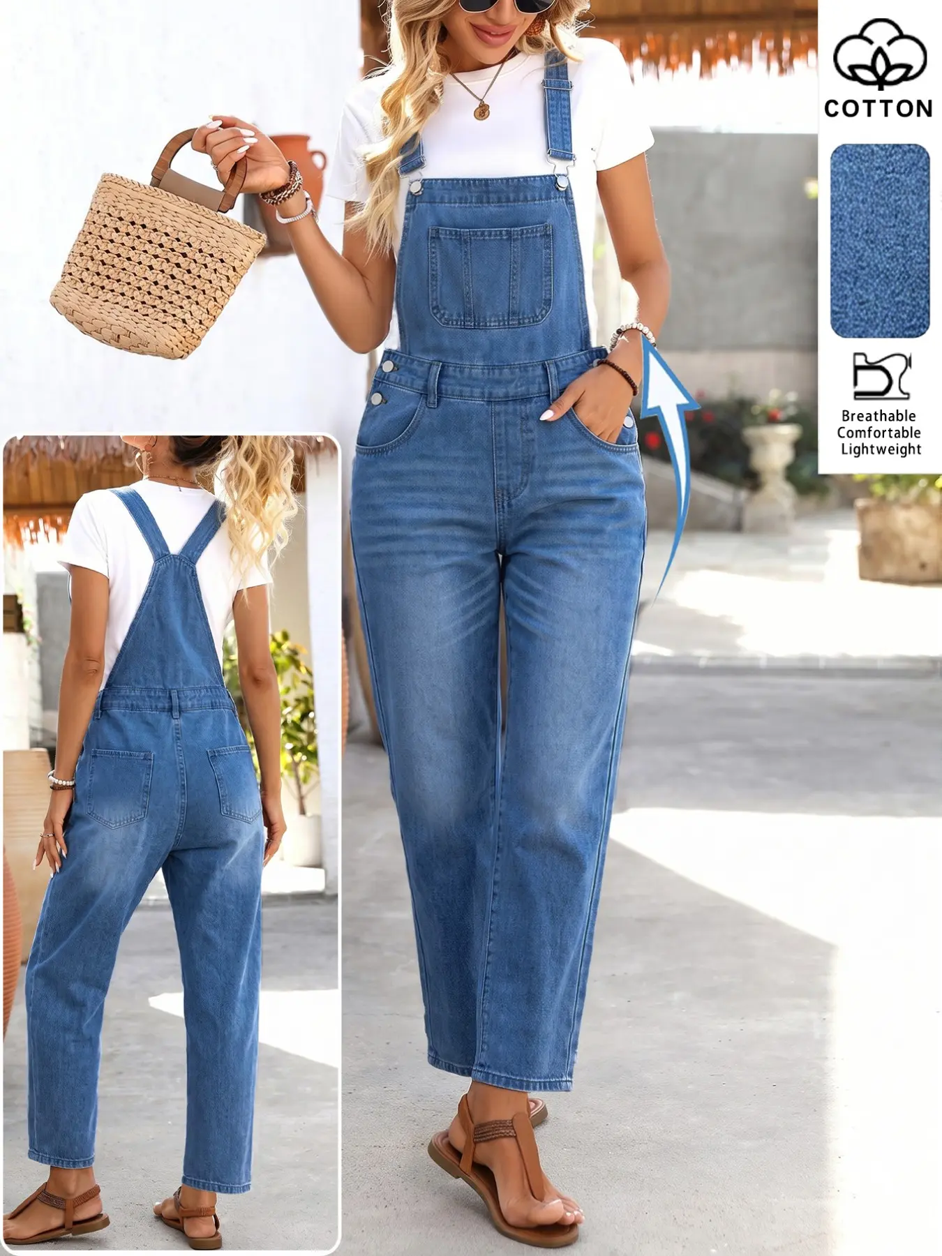 Light Blue Washed Denim Overall Pants for Women, Loose-Fit Straight Leg, Vintage Style, Casual Workwear, Drawstring Long Pants