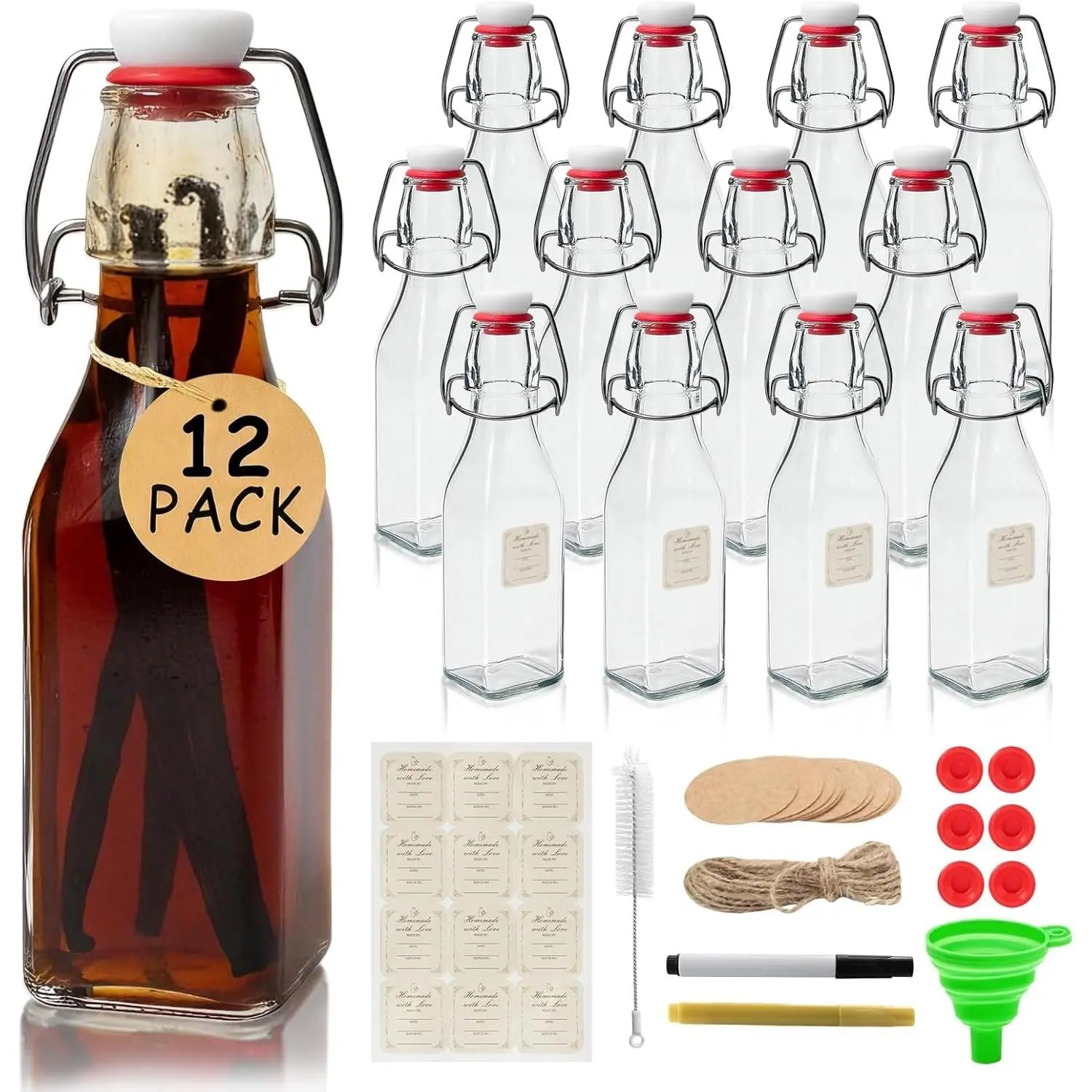 Square Swing Top Glass Bottles with Lids Kombucha Coquito Flip Top Glass Bottle for Syrup Vanilla Extract Brew Beer Kefir Air Tight Bottles for Gift (8.5 oz 12 pack)