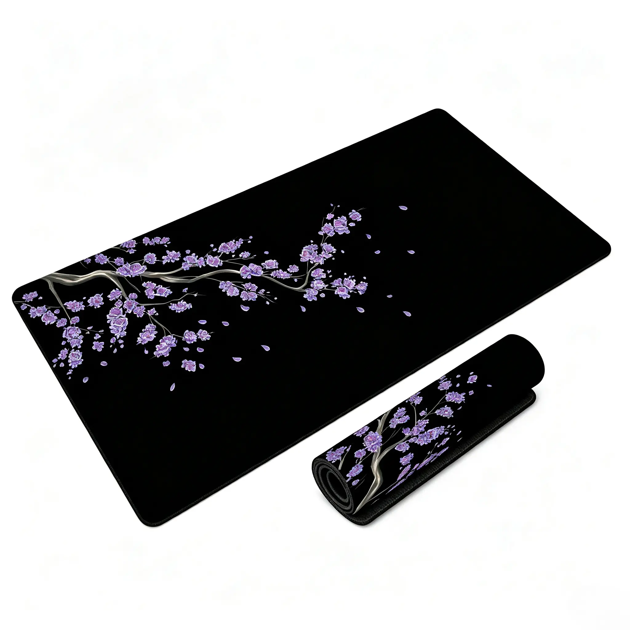 Purple Cherry Blossom Large Extended Gaming Mouse Pad, Diatom Mud Base with Fabric Top, Stylish Black Desk Mat for Gaming & Office, Floral Computer Desktop Accessory
