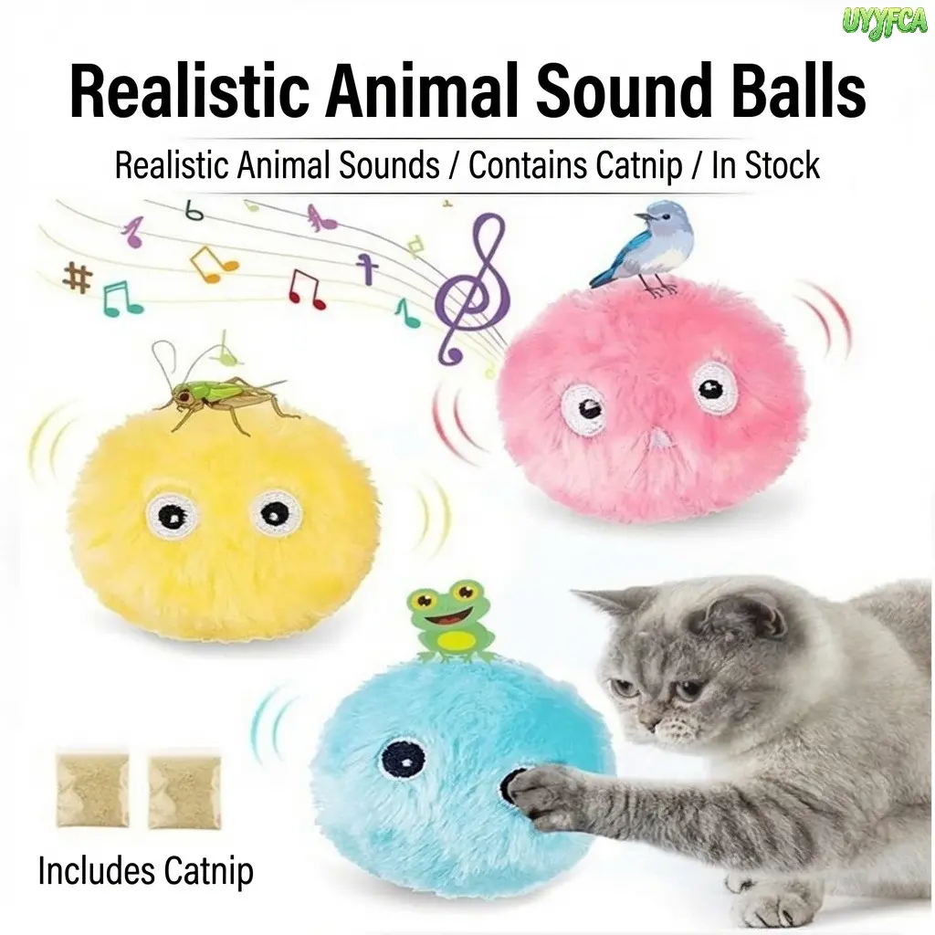 3 Pack Cute Cat Teaser Toy Touch Activated Chirping Plush Cat Toy Balls, Realistic Frog Bird Cricket Animal Sounds, Soft Fluffy Interactive Kitten Play Ball With Catnip, Durable Bite Resistant Pet Supplies For Pet Supplies for Cats and Dogs,summerwins