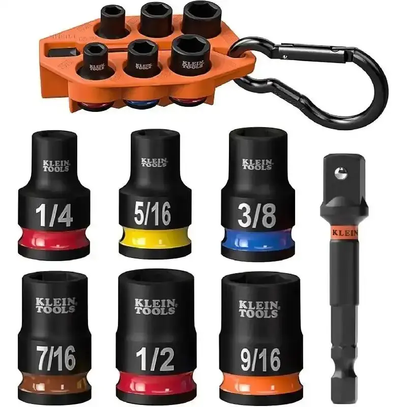 Klein Tools 33808 Grab-And-Go 3/8" Drive Impact Socket Wrench Kit - SAE 7-Piece Set with Sleeve, Carabiner Hook, Color-Coded Sockets (1/4, 5/16, 3/8, 7/16, 1/2, 9/16-Inch)