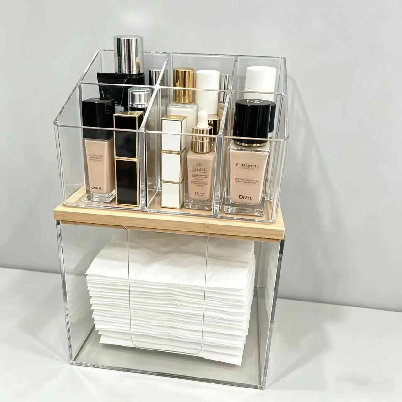 Two-In-One Disposable Towel Holder and Makeup Organizer, Transparent Box with Bamboo Lid, Stackable Bathroom Vanity Storage, Clean Skin Club Xl Compatible, Acrylic Storage Boxes
