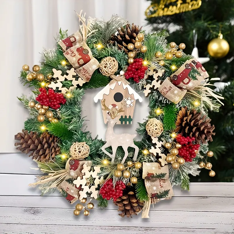 15.7-Inch Front Door Christmas Wreath - White Reindeer Ornaments, Berries, Pine Cones & Mini Cabins - Indoor/Outdoor Decor for Home Walls, Windows, Porches, Table Centerpieces, Outdoor Christmas Decor