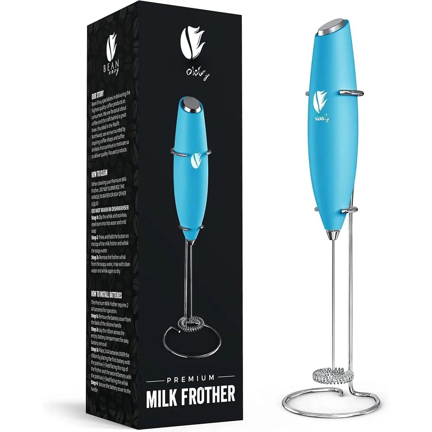 Milk Frother, Coffee Stirrers, Frother Wand, Milk Frother Handheld, Frother with stand, Hand Blender for Coffee, Lattes, Cappuccino, Matcha and Hot  – Kitchen Gifts - Light Blue