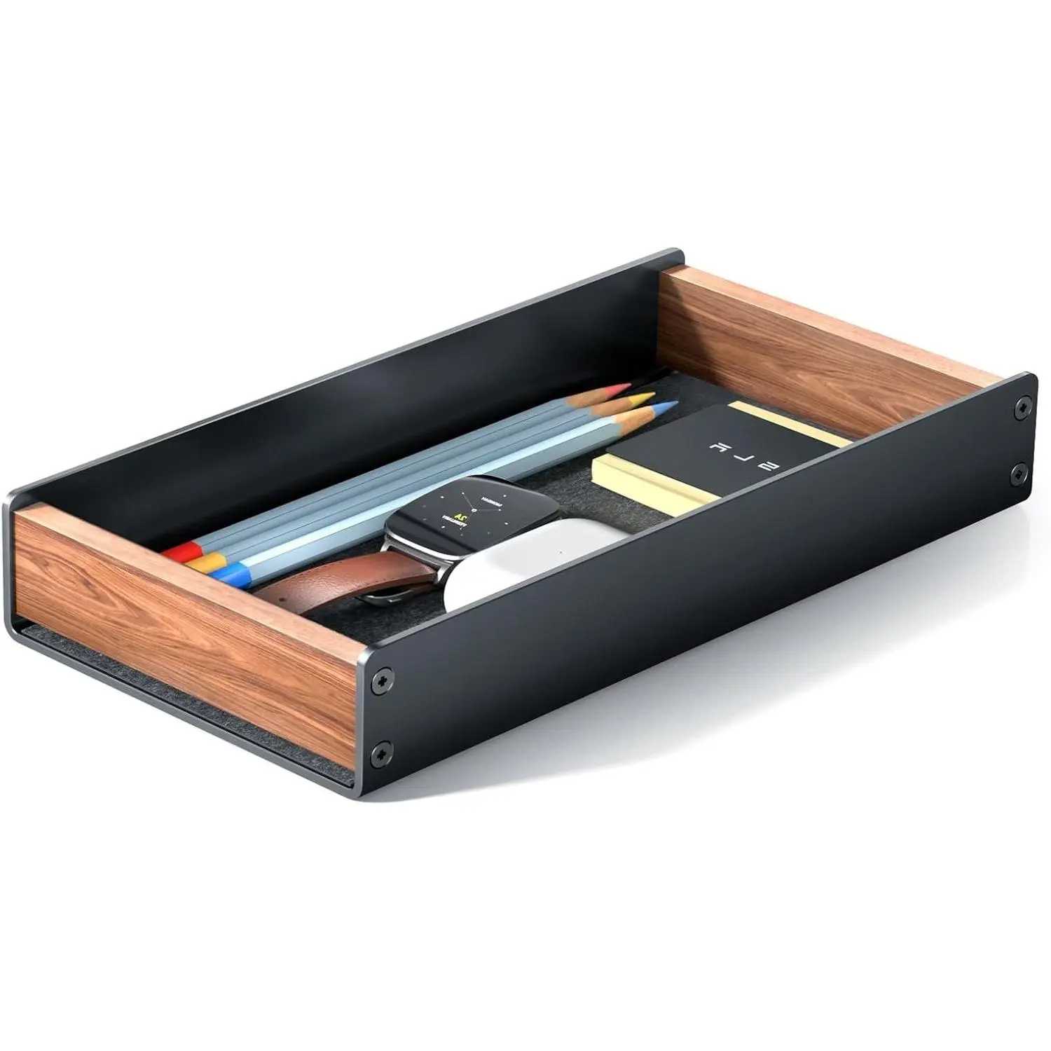 Walnut & Aluminum Desk Drawer Organizer, Valet Tray Catchall for Men | EDC Tray with Open Top Design, Soft Felt Lining, Holds Keys, Watch, Pens, Sticky Notes for Desk & NightstandGift