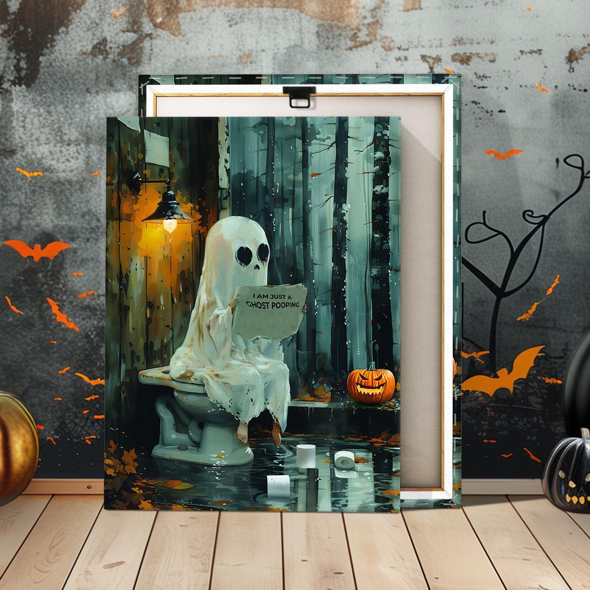 Ghost in The Bathtub Pattern Canvas Painting Framed, 1 Count Halloween Themed Modern Wall Art Painting, Wall Art Decor for Home Living Room Bedroom Office