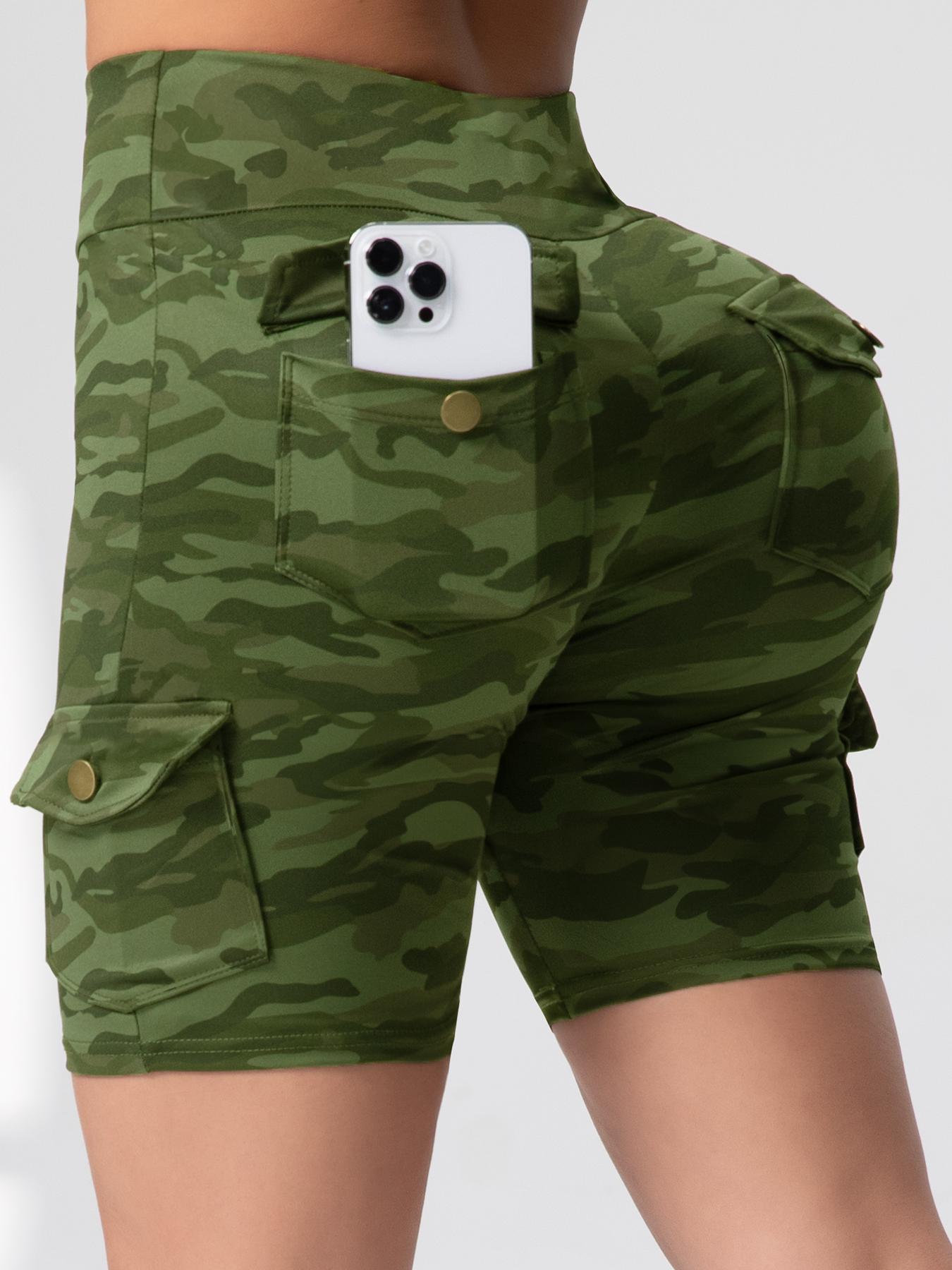 Women's Camo Print Flap Pocket Cargo Shorts, Casual Tight-fitting Shorts for Gym Workout, Ladies Sportswear for Summer, Womenswear