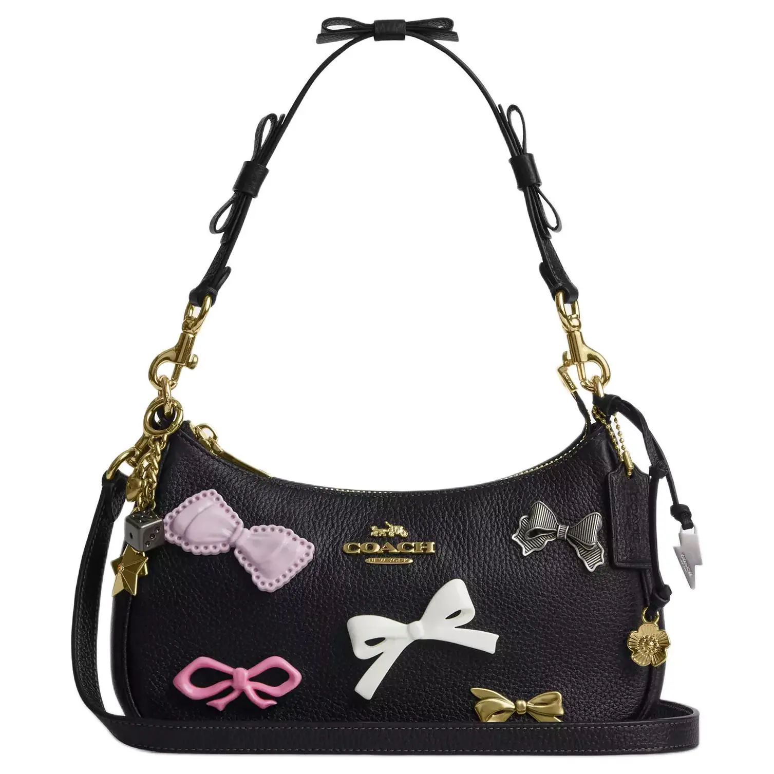 COACH Teri 24 Bow-Embellished Removable Handle and Strap Pebbled Leather Shoulder Bag, Medium, Women’s, Black