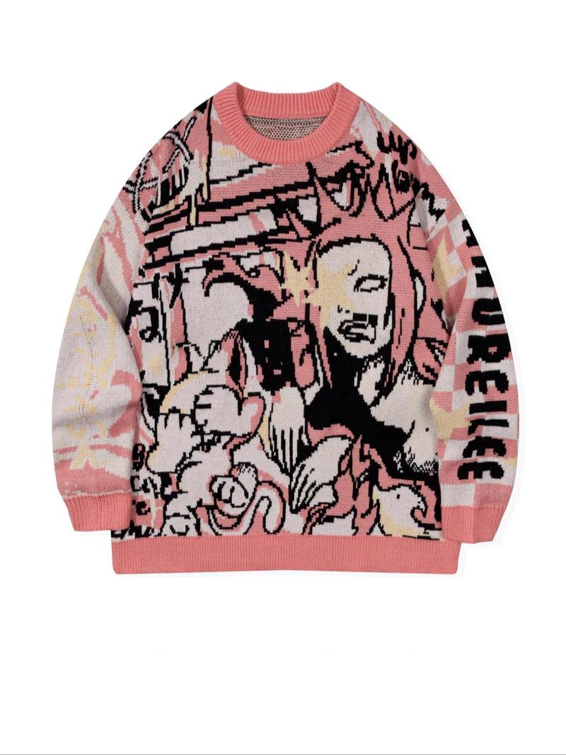 Men's Cartoon Print Round Neck Sweater Knitwear Tops, Loose Casual Long Sleeve Crew Neck Jumper for Spring & Fall, Menswear, Graphic Sweater, Street Casual Jumper