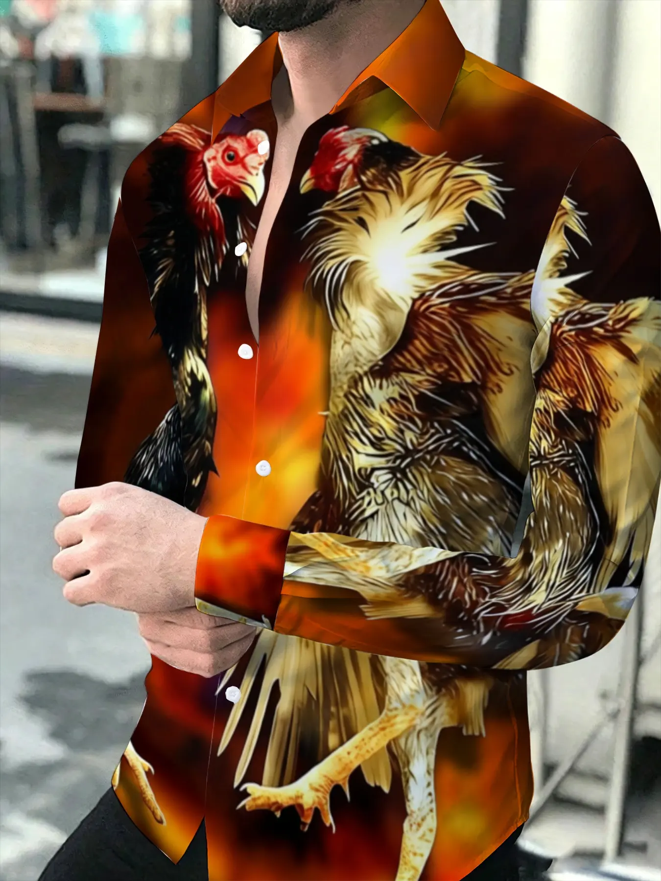 Men's Trendy Lapel Button-down Long-sleeve Shirt, Featuring Unique All Over Printed Fighting Rooster Print, With Brown, Black And Orange Tones, Stylish Casual Collared Top For Daily Wear, Printed Party Activewear for Everyday Wear