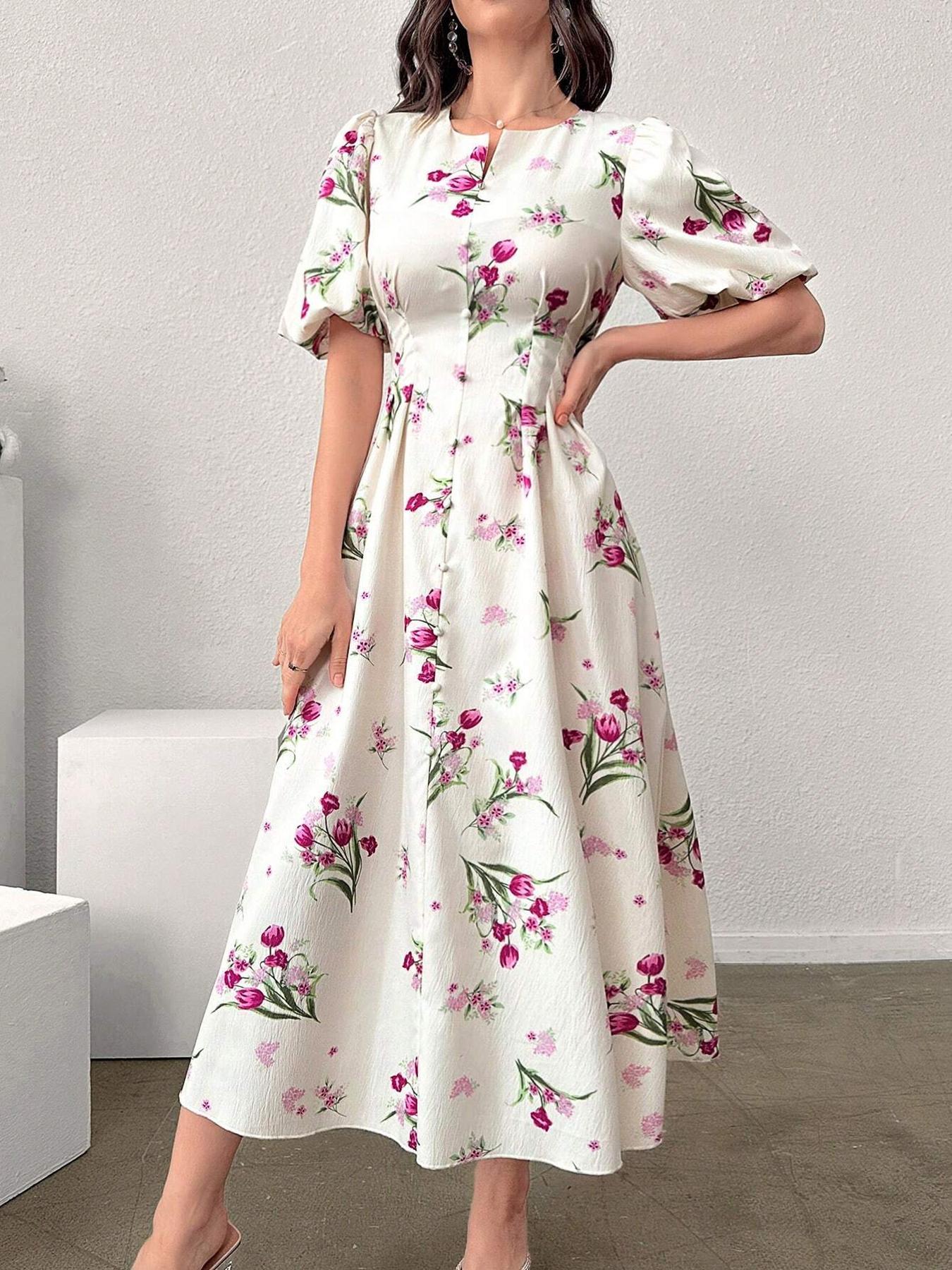 Women's Floral Print Puff Sleeve Dress, Elegant Short Sleeve A Line Dress for Party Holiday Wedding Guest, Ladies Clothes for All Seasons, Womenswear, Shortsleeve, Formal Dresses Women, Wedding Gown