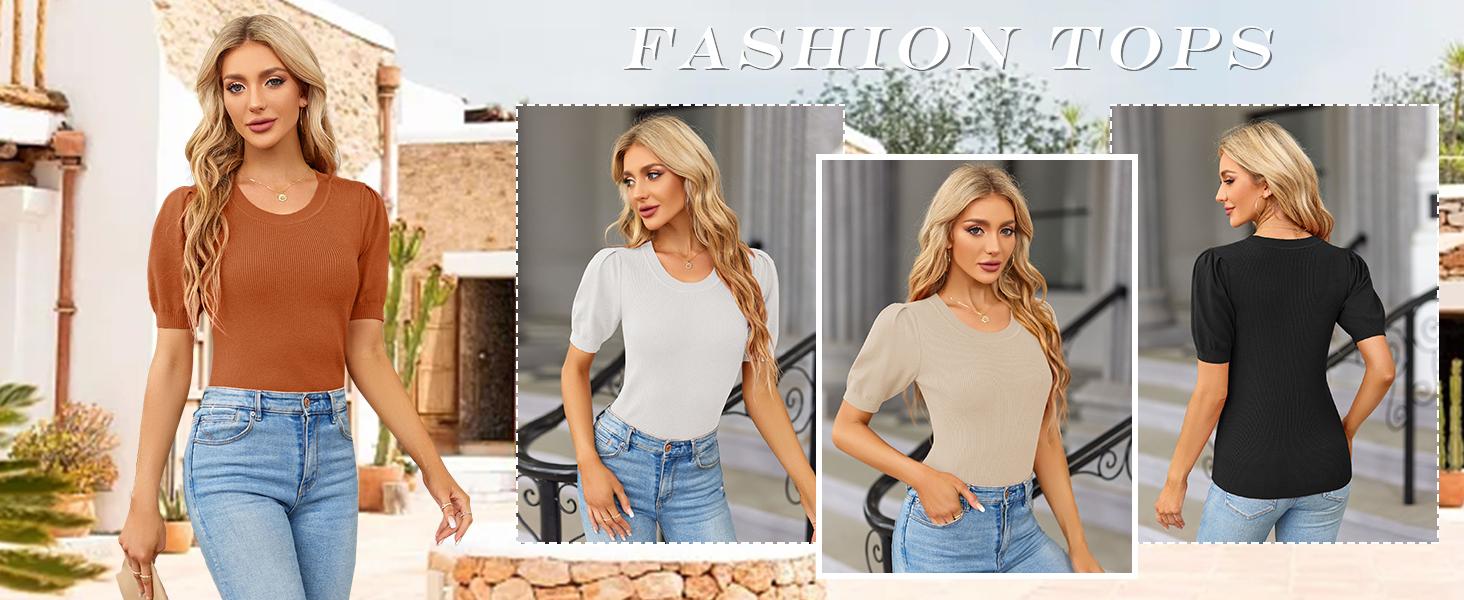 Saodimallsu Womens Puff Short Sleeve Sweater Casual Summer Crew Neck Pullover Tops Ribbed Knit Sweater Blouse SpringStatements