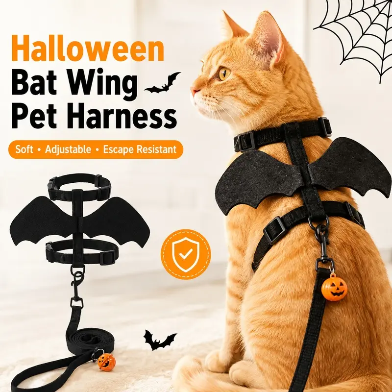 Halloween Bat Wings Cat Harness and Leash Set - Escape Proof Soft Breathable Adjustable Harness for Cats, Small Dogs, Rabbits