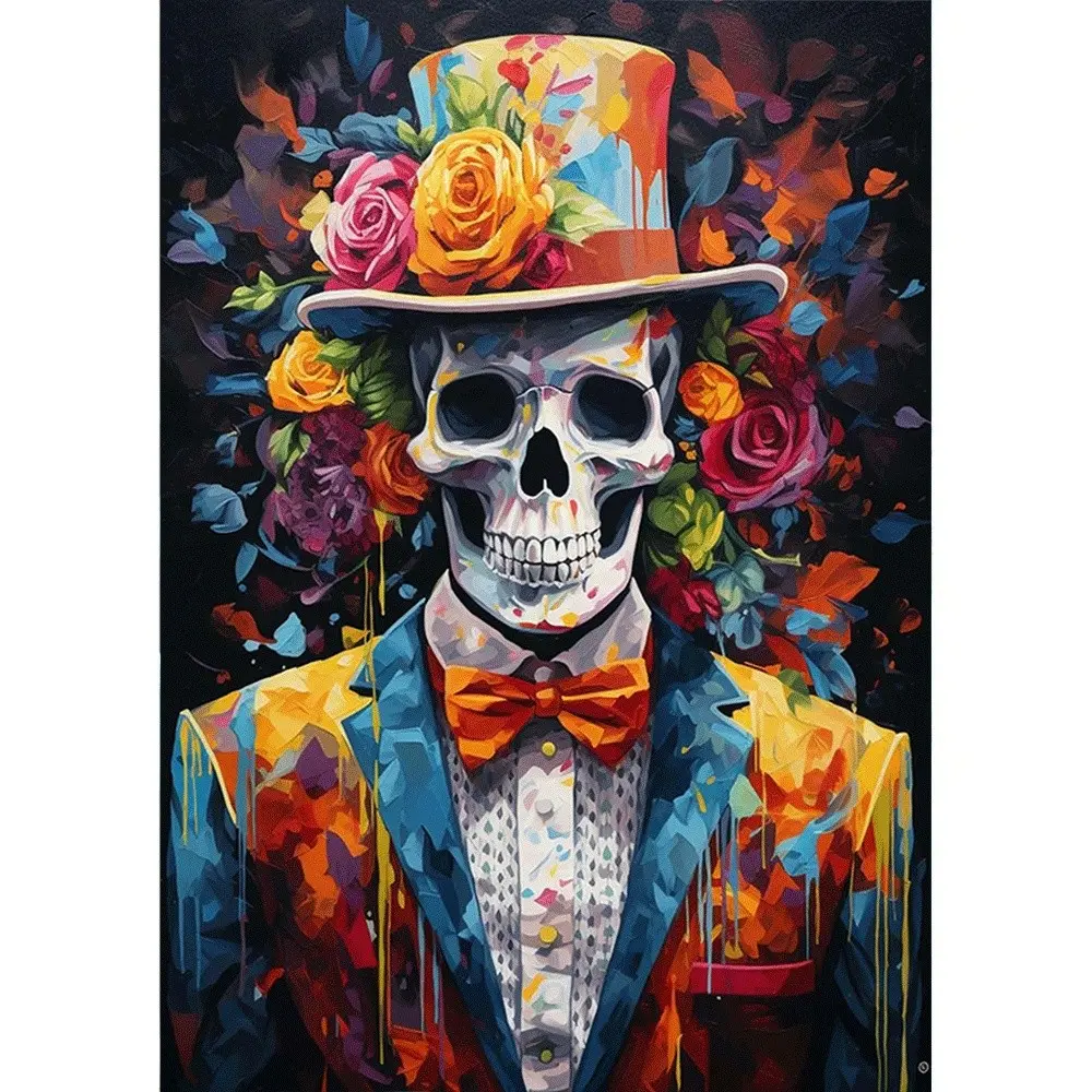 1pc, American Retro Skull Gentleman Diamond Painting Adult Handmade Full Diamond Paste Painting Living Room Entrance Bar Personalized Art Decoration Painting Halloween Theme Creative Floral Skull Diamond Painting Kit Suitable for Handmade Enthusiast