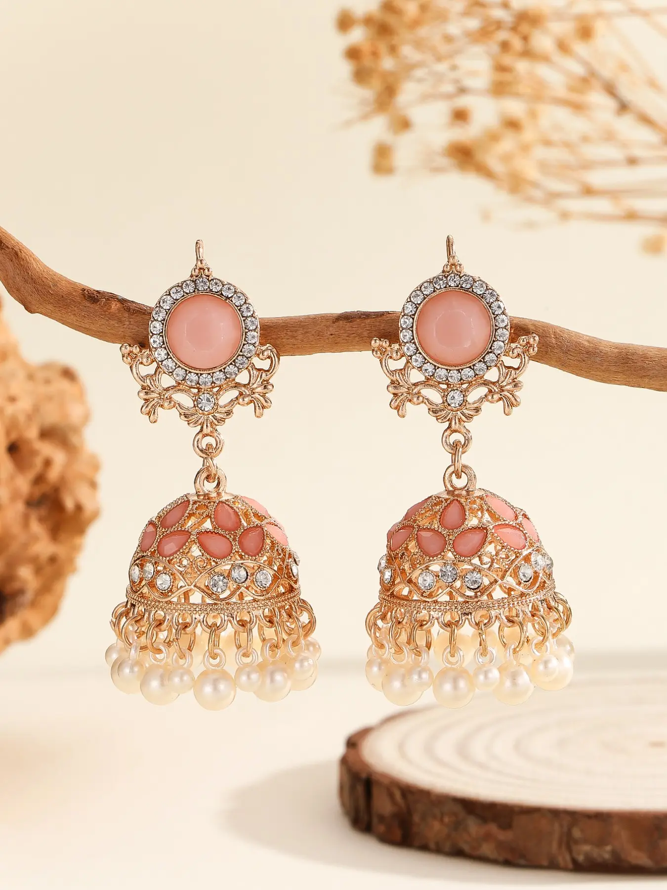 Elegant Jhumka Drop Earrings, Rhinestone Fringe Design, Ethnic Pattern, Boho Style, Pearl Look, All Seasons Jewelry Gift