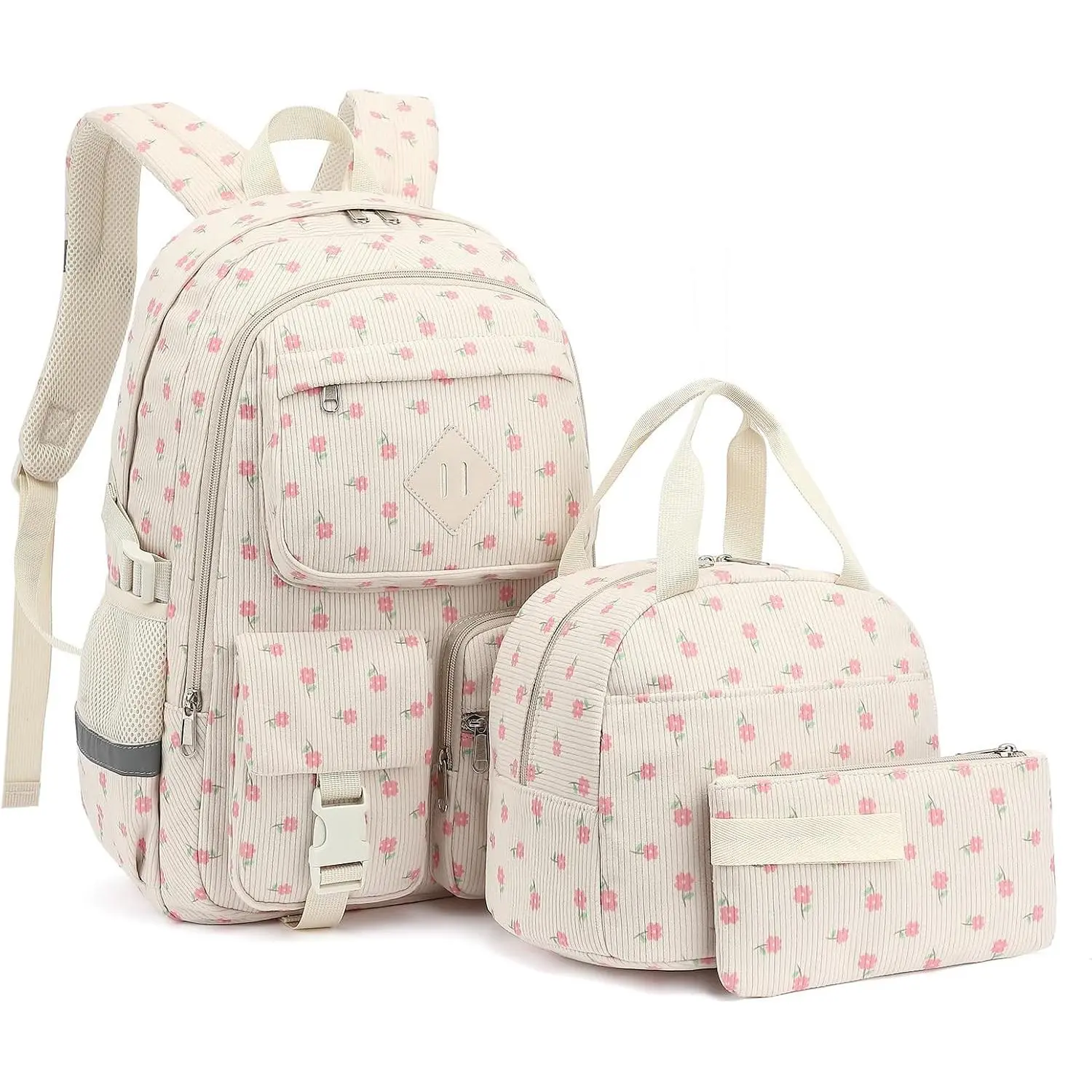 Corduroy School Backpack for Girls Boys,  Teens School Bookbags Schoolbag Set with Lunch Box Pencil Bag (Corduroy  Flower)