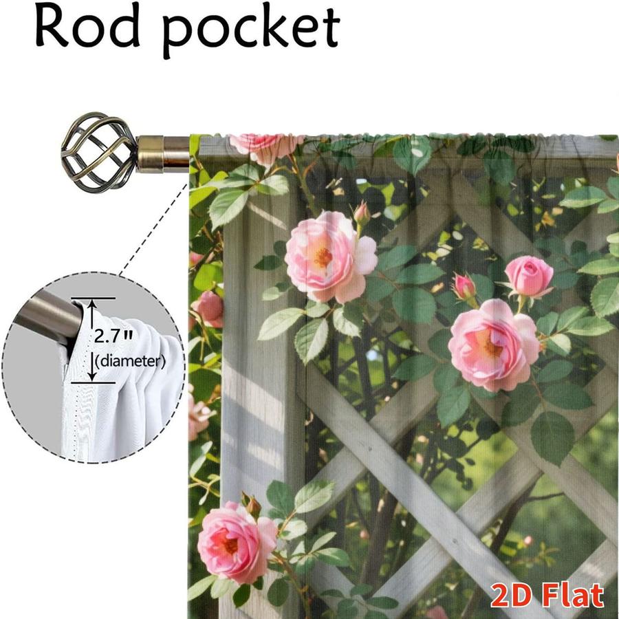2Pcs Aesthetic Cottagecore Pink Rose Garden Trellis Sun Blocking Curtains Digital Printed Rod Pocket, Window Treatment For Bedroom Office Kitchen Living Room Study Home Decor