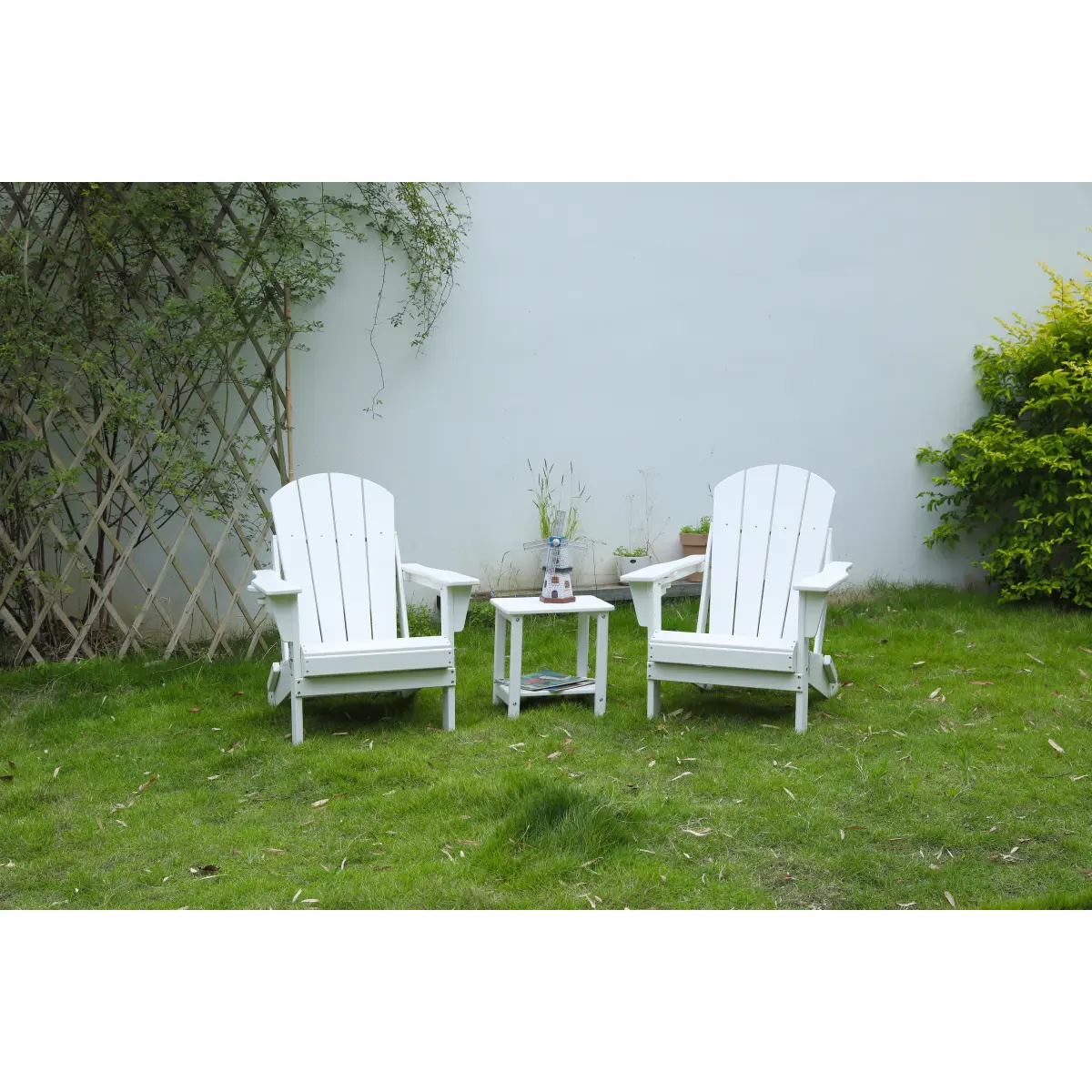 AobtkelFolding Adirondack Chair with Side Table, 3-Piece Adirondack Chair Set, White (2 Chairs and 1 Table)