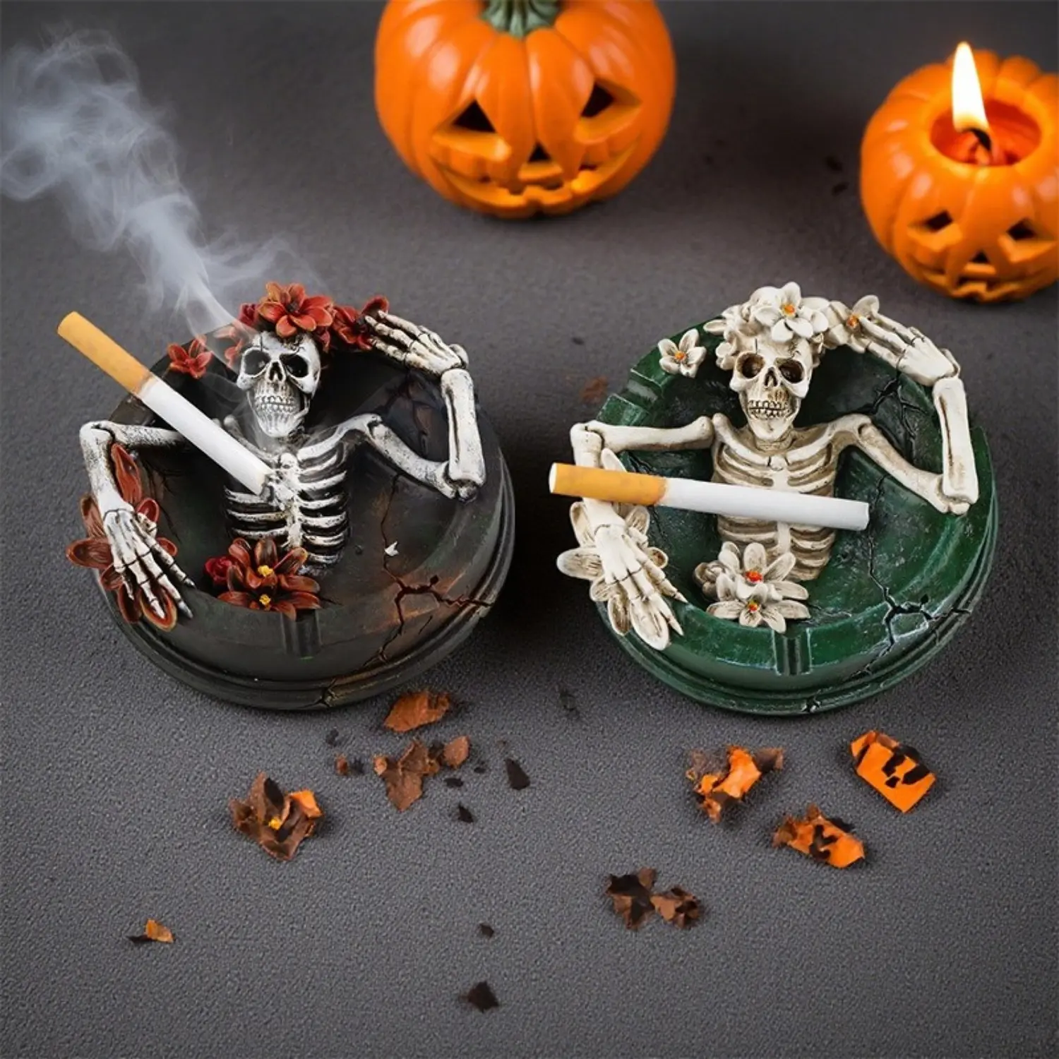 Skull Ashtray Flower‑Decorated Skeleton Ashtray Resin Figurine  Creative Tabletop Home Decoration Funny Ash Tray Gift for Men