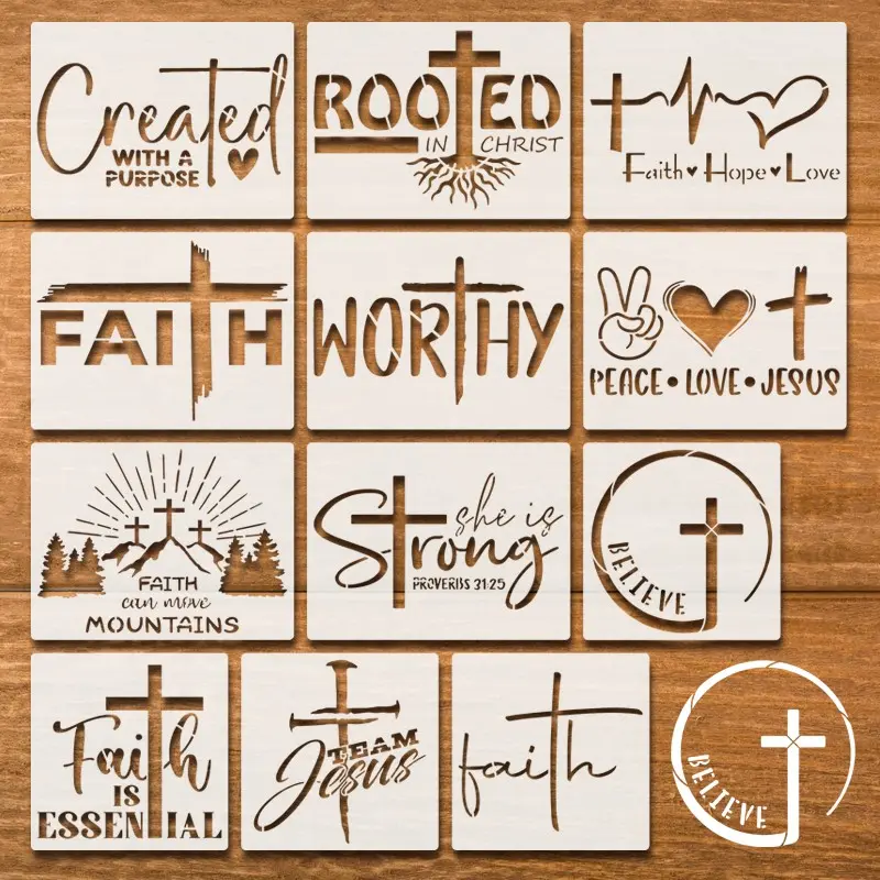 12pcs Word Cross Stitch Templates, Reusable Wall Art Stencils, Art Supplies, 7.87x5.9 & 5.9x5.9 Inches, DIY Decor for Stone, Canvas, Home Decoration