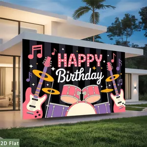 2D Flat Banner Happy Birthday rock music themed polyester photography backdrop, HD digitally printed soft lightweight foldable machine washable background cloth, for birthday parties, product photos, portraits, video studio, lives