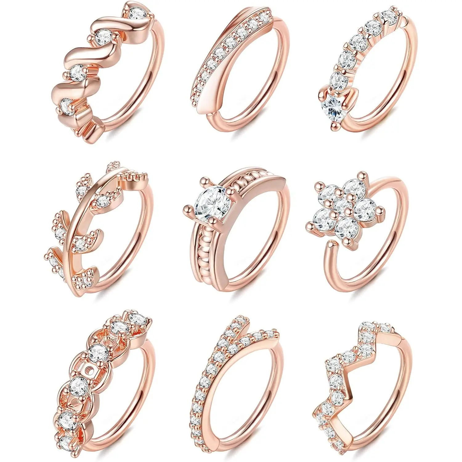9 Pcs 20G Stainless Steel Piercing Hoops for Men Women, Rose Gold Cute Cartilage Helix Nose Rings Multi Use Body Jewelry