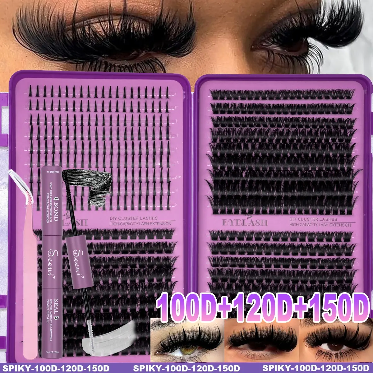 Large Capacity Spike Eyelash Clusters Kit, 100/120/150D Curl Baddie Eyelashes, Light Soft False Lashes, Individual Lashes Thick Cluster Lashes, Soft Wispy Comfortable，Waterproof Long-Lasting, Includes Bond&Seal and Tweezers, Beginner Friendly