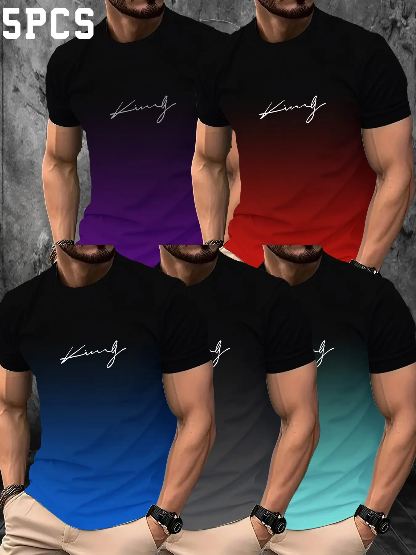 5-Pack Men's Gradient Ombre Short Sleeve T-Shirts, Summer New Trendy King Signature Print Round Neck Slim Fit Casual Tops