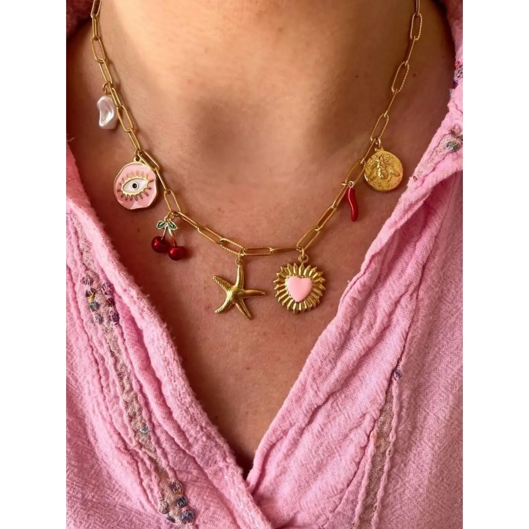 Cute Cherry, Starfish and Heart Design Pendant Necklace for Women, Clavicle Chain Necklace, Fashion Versatile Accessories, Trendy Jewelry for Daily Wear, Love Heart Necklace, Charm Necklaces Gift, Dangling Charms Necklace, Charms Choker Necklace