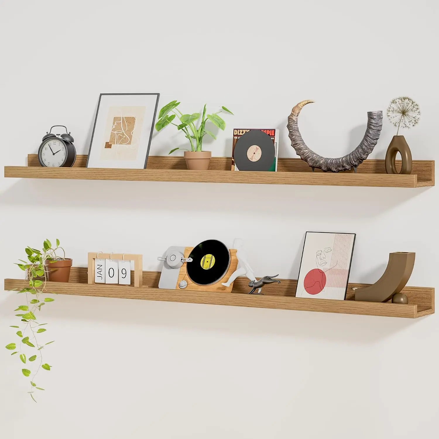 Picture Ledge Shelf,48 inch Long Floating Shelves for Wall Set of 2,Picture Shelf with Lip for Wall Decor,Living Room,Bedroom,Bookshelf,Nursery,Perfume,Oak Color