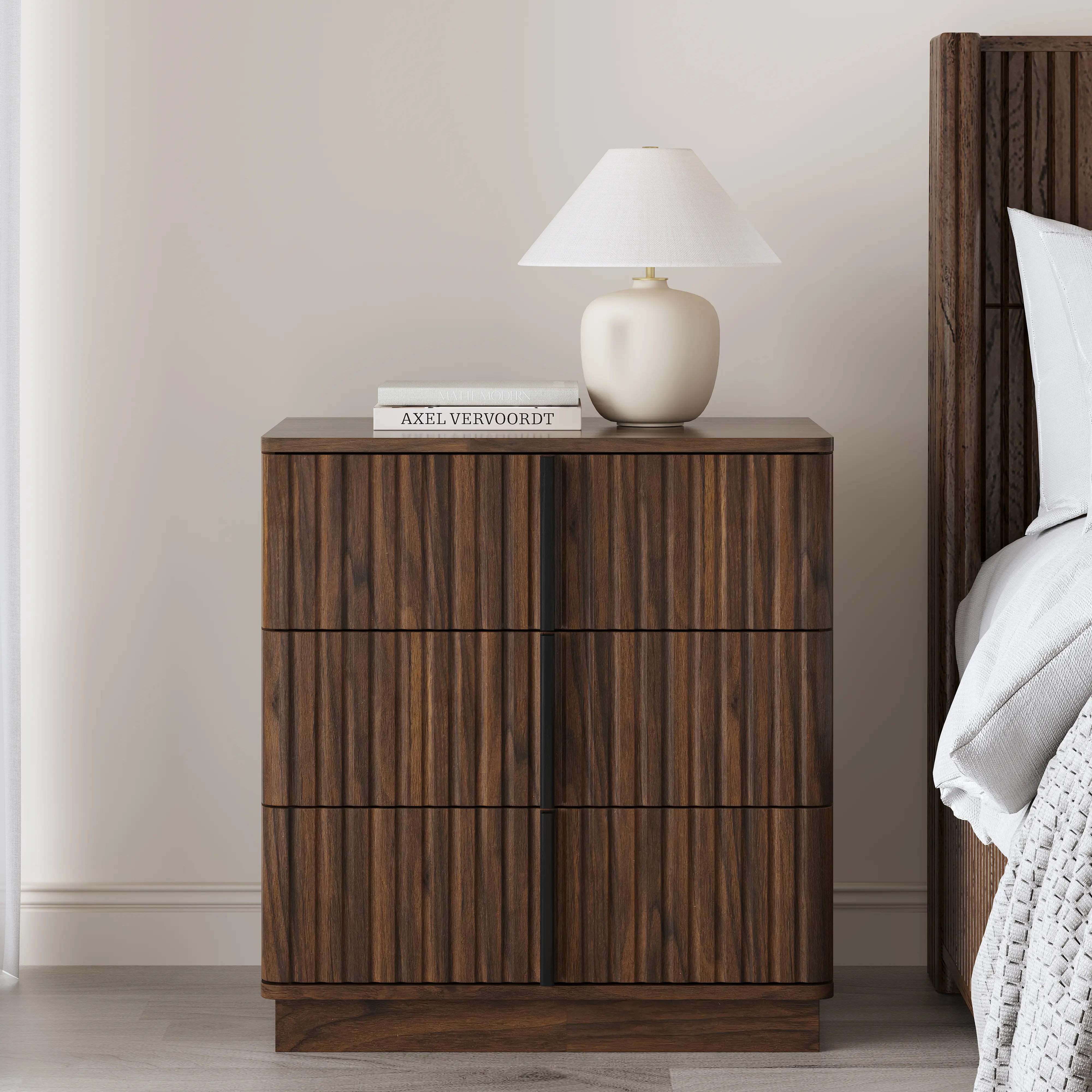 ARCH Vertical Stripe Vintage 3 Drawer Nightstand with Storage, Retro Bedside Table for Bedroom Living Room Home Office, MDF Wood Nightstand with Drawers, Walnut Finish, 15.75W x 25.39D x 23.62H in, Walnut Color Options, MDF Material