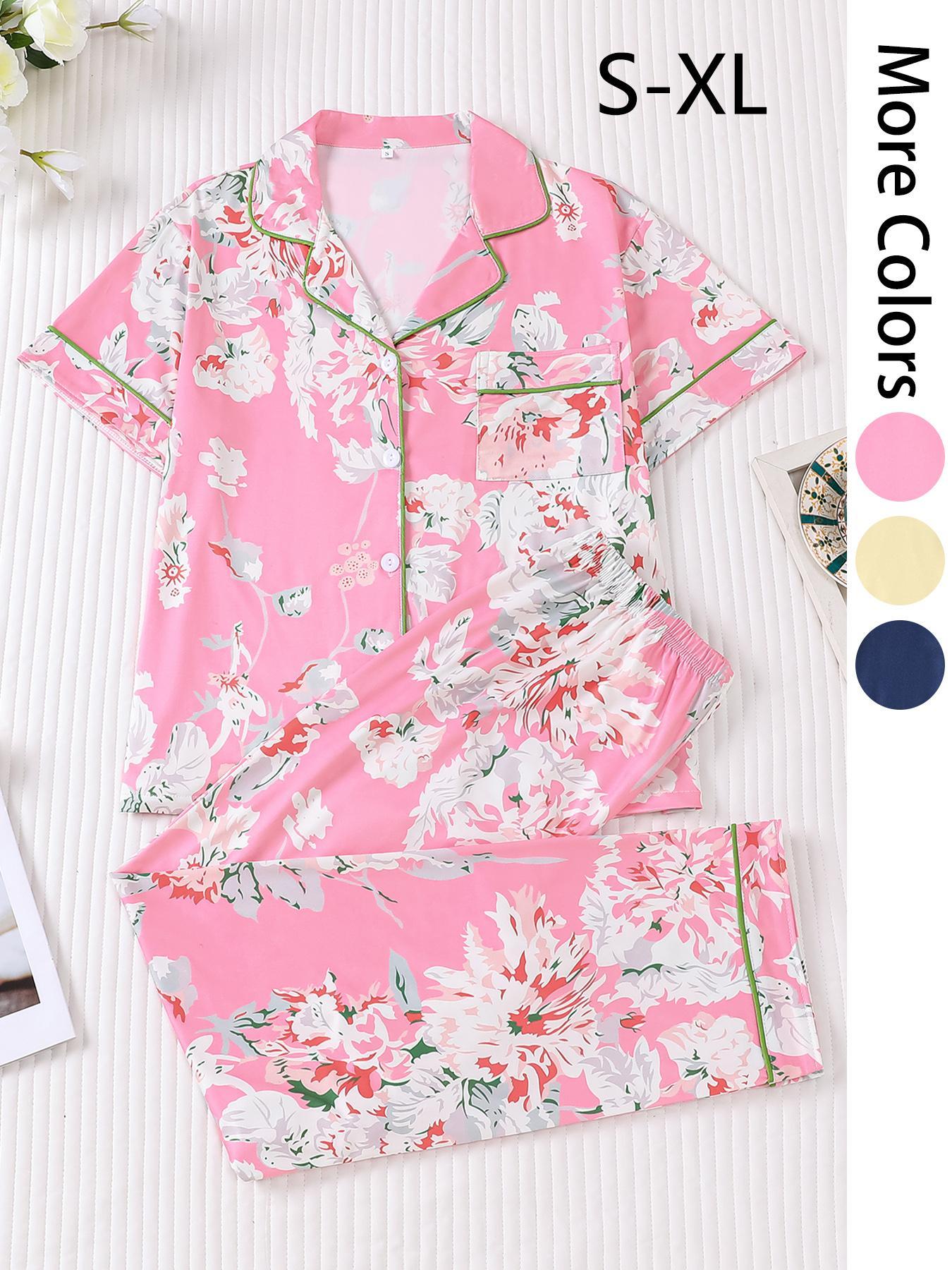 2 pieces of women's cotton print short sleeved pants sleepwear set Pajama Set with pockets suitable for all seasons, fashionable, comfortable, elegant and casual home wear