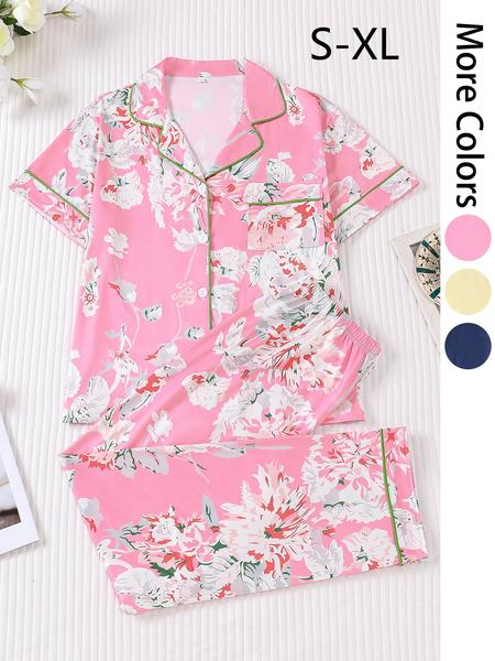 2 pieces of women's cotton print short sleeved pants sleepwear set Pajama Set with pockets suitable for all seasons, fashionable, comfortable, elegant and casual home wear