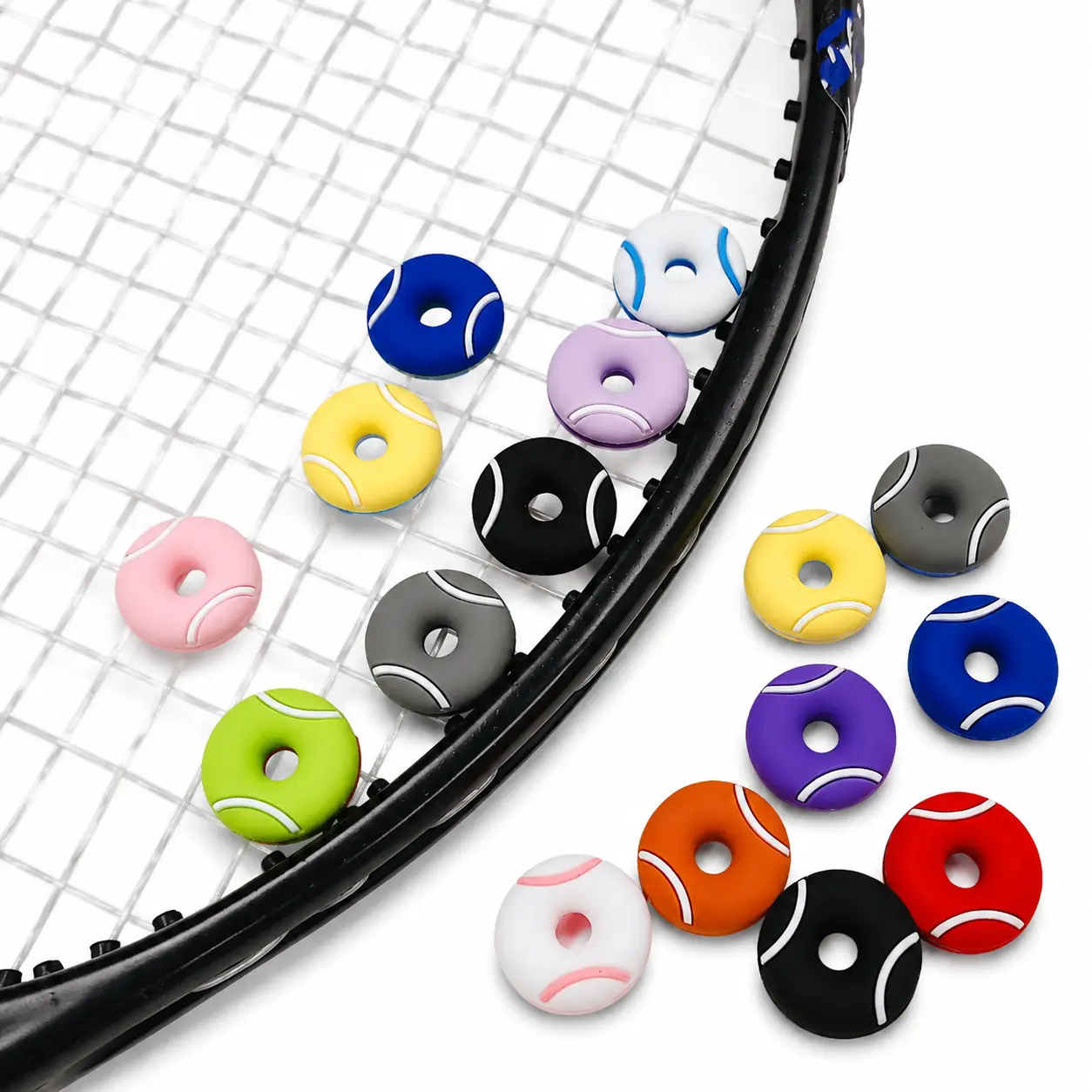 Silicone Tennis Racket Vibration Dampener with Dual-Sided Bagel-Inspired Design for Enhanced Shock Absorption and Comfortable Grip During Play