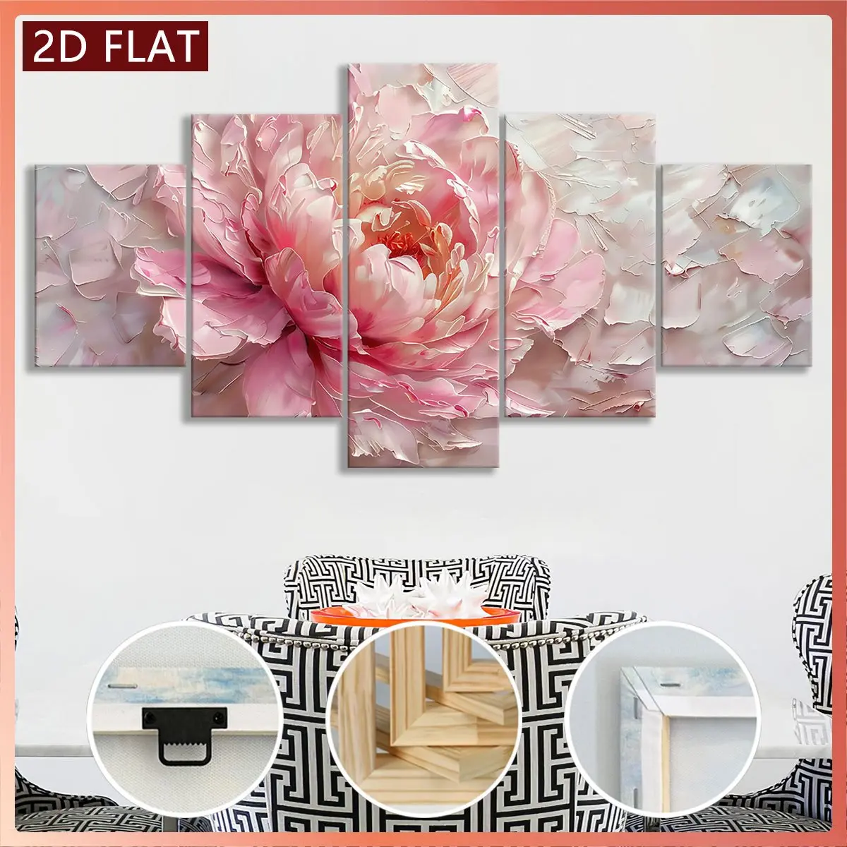 2D Flat Canvas Set, 5 Pieces, Wooden Framed Canvas, Soft Pink Peony Design, Stylish Posters, Pattern Art For Home Decoration, Premium Prints, High Definition Artworks Hanging Room