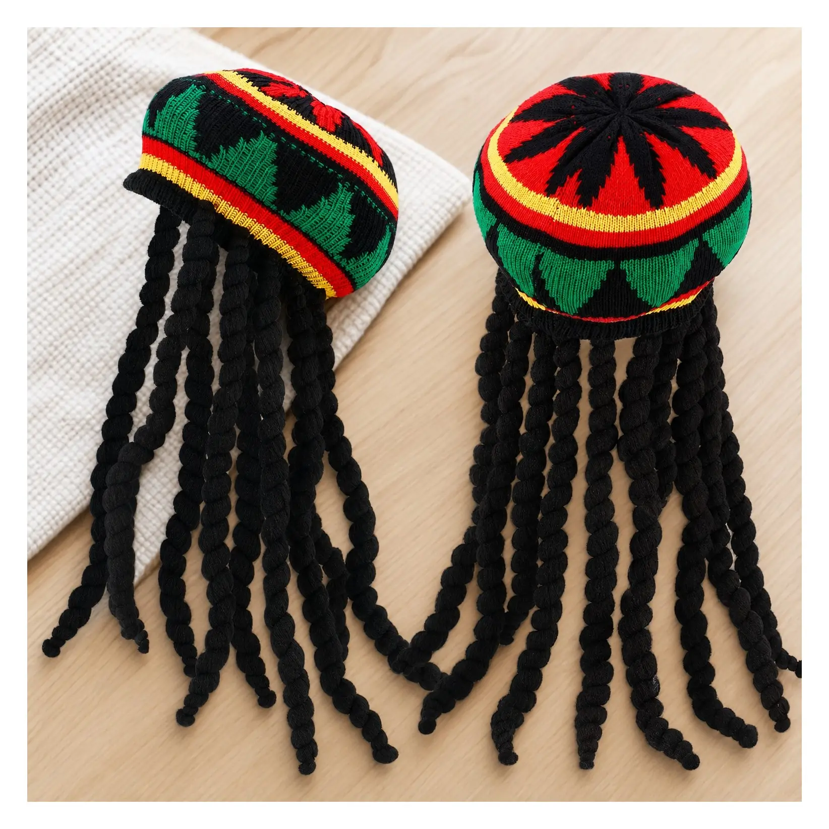 2 Pcs Rasta Hat with Black Dreadlocks Wig Set, Size 17.3Gift