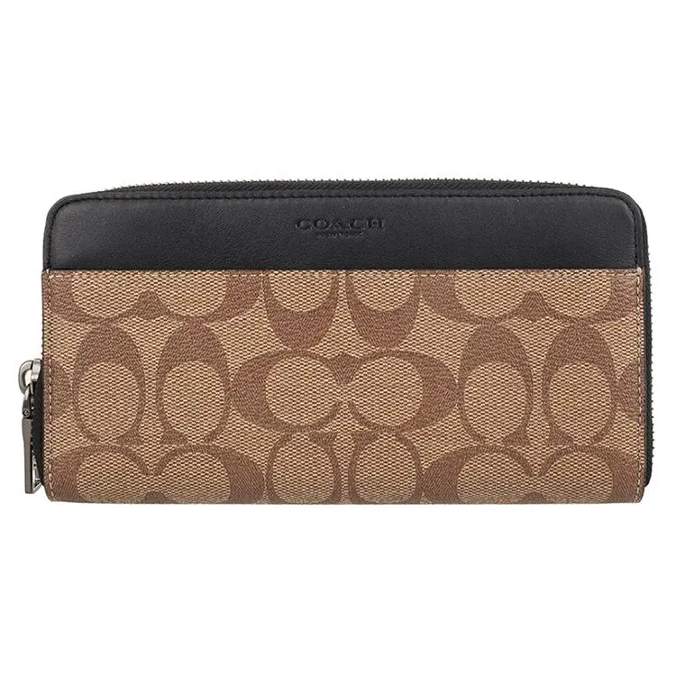 COACH Accordion Wallet for Men – Long Zip-Around PVC Handbag in Khaki Brown