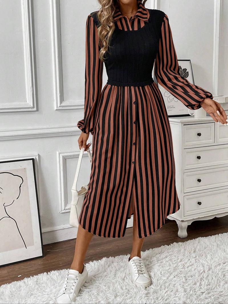 Women's Long Sleeve Striped Button Front Shirt Dress with Layered Design, Casual Spring & Fall Fashion, Elegant Chic Outfit