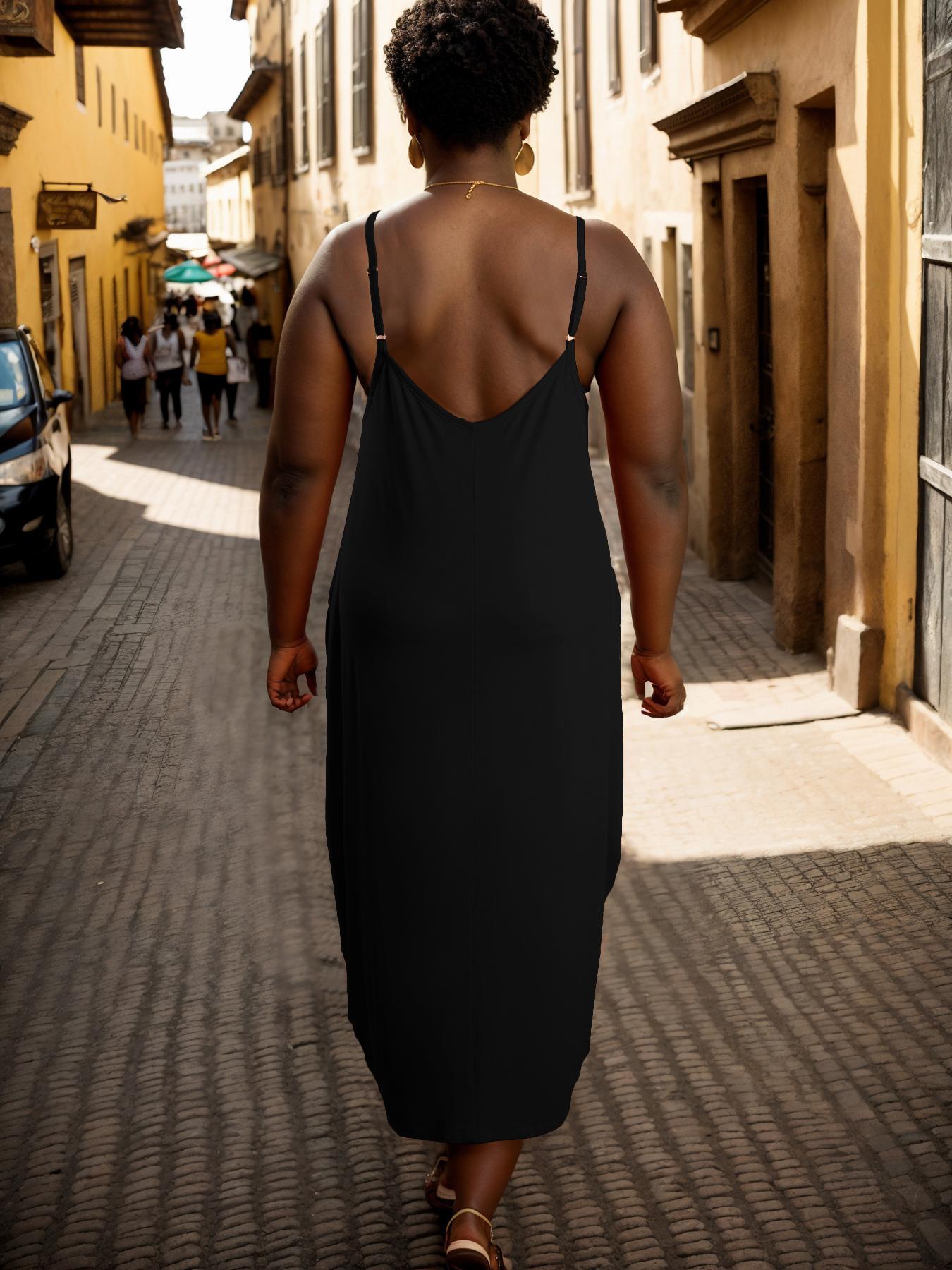 【Plus Size】 Cami Dress, Casual Chic Sleeveless Spaghetti Strap Long Dress for Summer, Women's Plus Clothing for Daily Wear, Womenswear