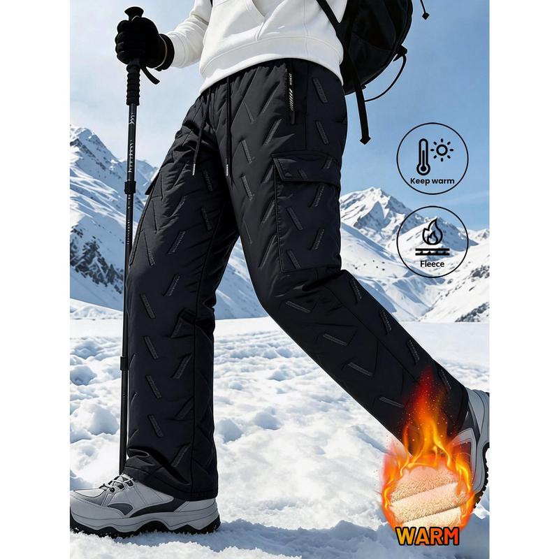 Men's Insulated Snow Pants, Fleece-Lined Wide-Leg Trousers with Textured Embossed Pattern & Side Pockets, Warm Winter Outdoor Bottoms for Hiking & Mountain Trips