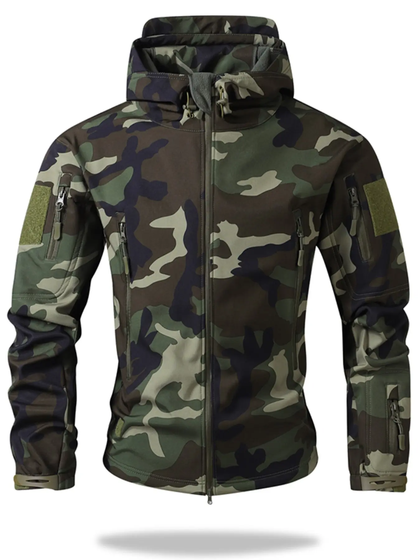 Men's Camouflage Tactical Soft Shell Hooded Jacket, Fleece Lined Windproof Coat, Multiple Zip Pockets, Outdoor Hiking Camping Jacket, Fall Winter Warm Wear