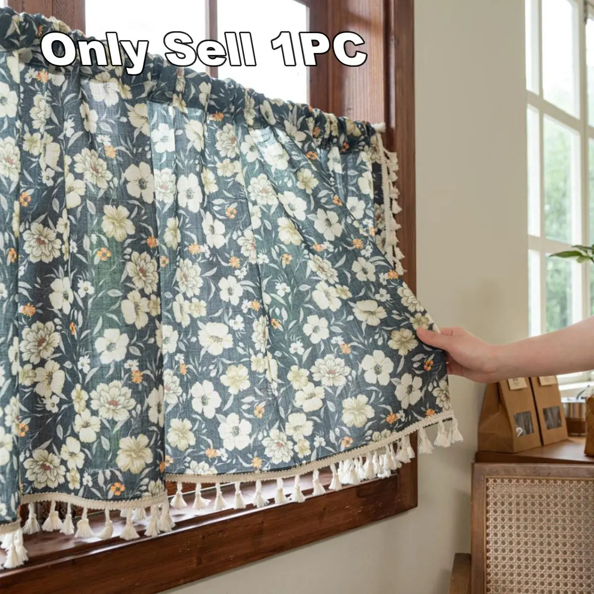 1pc European Middle Eastern Kitchen Window Curtain, Base Floral Pattern, Short Curtains, Finished Coffee Curtain, Fringe Small Curtain