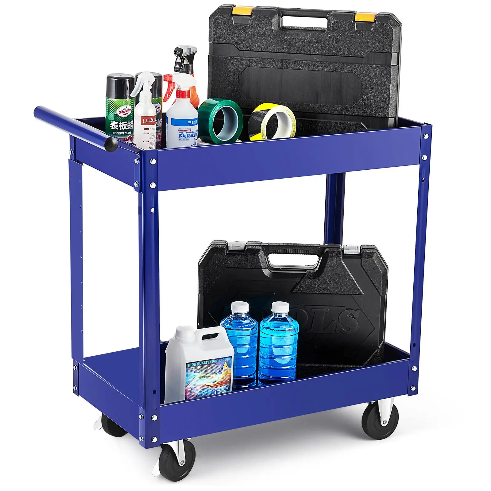 Heavy Duty 2-Tier Metal Utility Cart – 330 lbs Capacity – Steel Rolling Service Cart with Wheels – Tool Storage for Garage, Workshop, Warehouse, Mechanic, Repair Shop