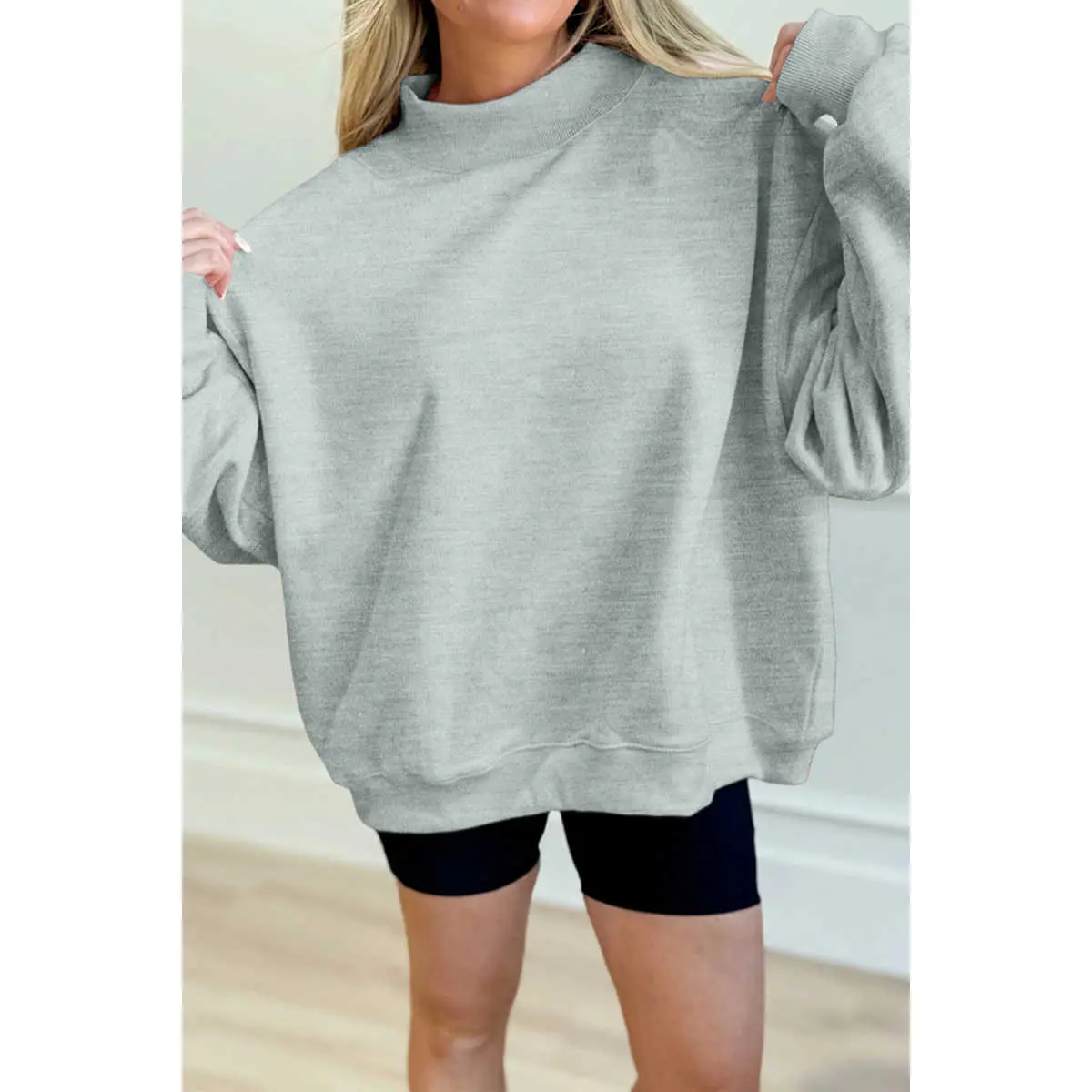 Women’s Oversized Mock Neck Hoodie Sweatshirt - Solid Long Sleeve Pullover, Minimalist Basic Style Casual Loose Fit Everyday Top for Jeans Pairing, Longsleeves
