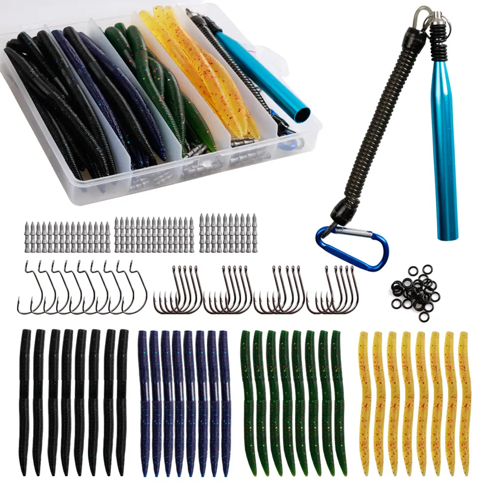 133PCS All-In-One Bass Fishing Starter Kit, Wacky Rig Tool with Soft Stick Baits, Crank & Weighted Hooks, O-Rings & Tackle Box, Beginner Friendly